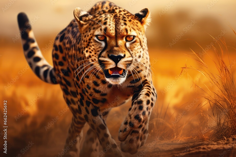 Obraz premium Cheetah Prowling For Prey In Savanna, Depicted Through Digital Art