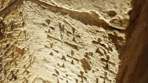 Crosses engraved on stone by Crusaders in the Church of the Holy Sepulchre. Graffiti from ancient times in Old City of Jerusalem in Israel carved by crusaders visiting the holy site for Christians
