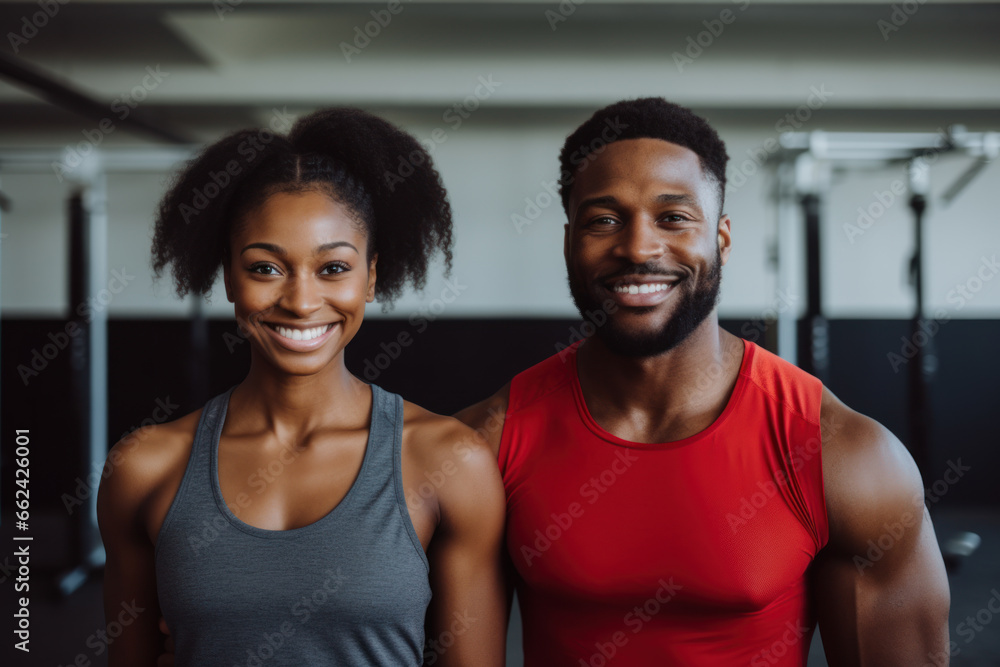 Portrait of smiling african american woman and man in gym