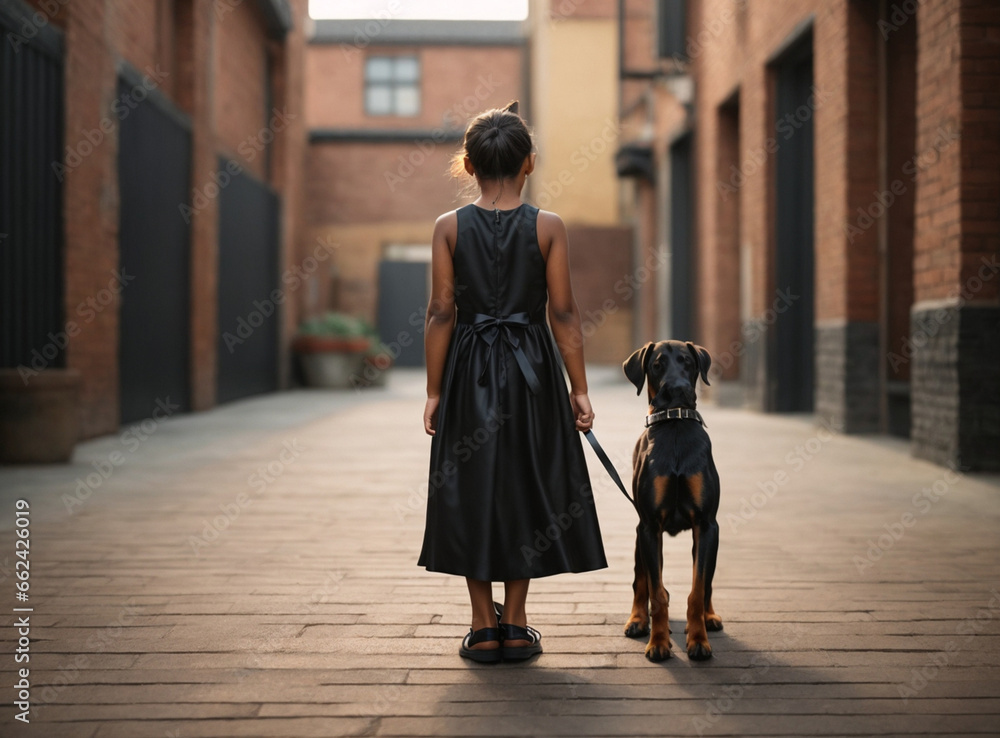 Obraz premium Little girl with doberman dog