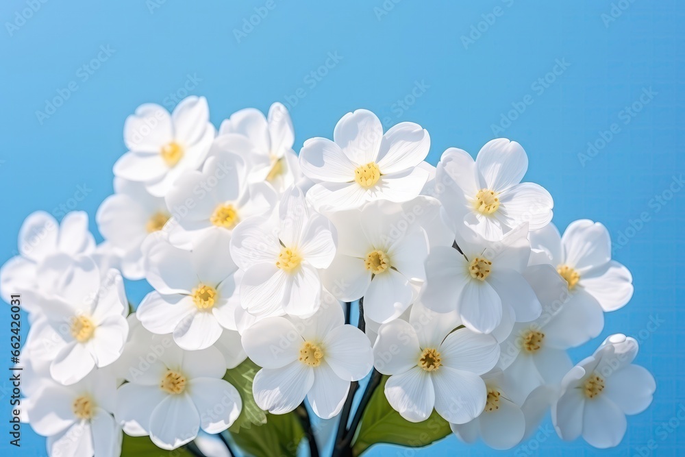 Closeup View Of Spring Forest White Flowers Primroses Against Beautiful Blue Background With Gentle, Blurred Skyblue Backdrop, Providing Space For Text And Creating Romantic
