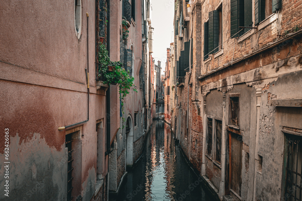 Scenic narrow canal with ancient buildings with potted plants in Venice, Italy
