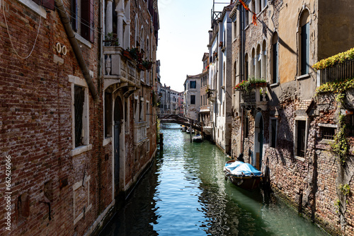 Scenic narrow canal with ancient buildings with potted plants in Venice, Italy © Renata