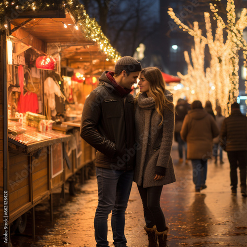 Enjoying the Christmas market, a man and woman in love stroll near the stalls. New Year's Eve.