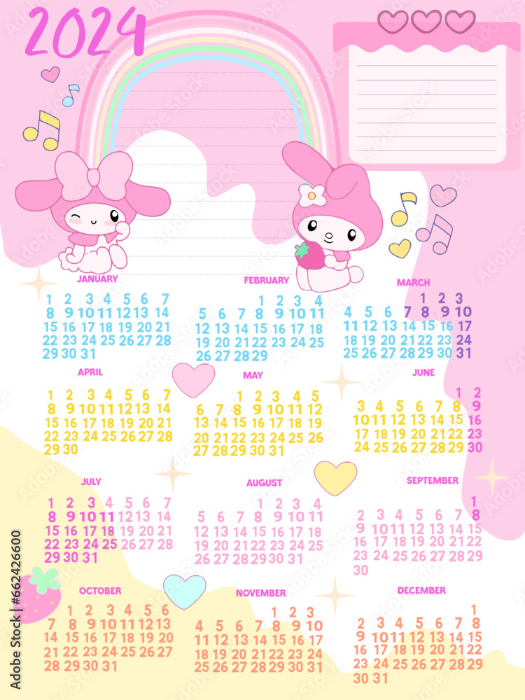 2024 calendar monts. posters for notes with tlat rainbow colours Planners for schoolchildren. Cartoon character flat vector collection isolated kawaii for kids