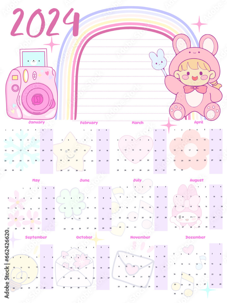2024 calendar monts. posters for notes with tlat rainbow colours Planners for schoolchildren. Cartoon character flat vector collection isolated kawaii for kids