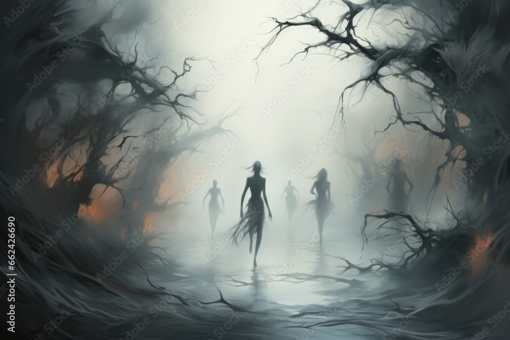 Elusive mist walkers, traversing through dense fog and hidden realms - Generative AI