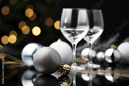 Happy New Year and Christmas holiday concept. beautiful silver balls decorations with champagne glasses on blurred background. Copy space.