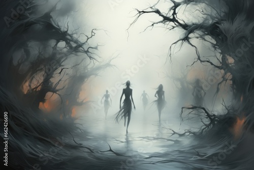 Elusive mist walkers, traversing through dense fog and hidden realms - Generative AI