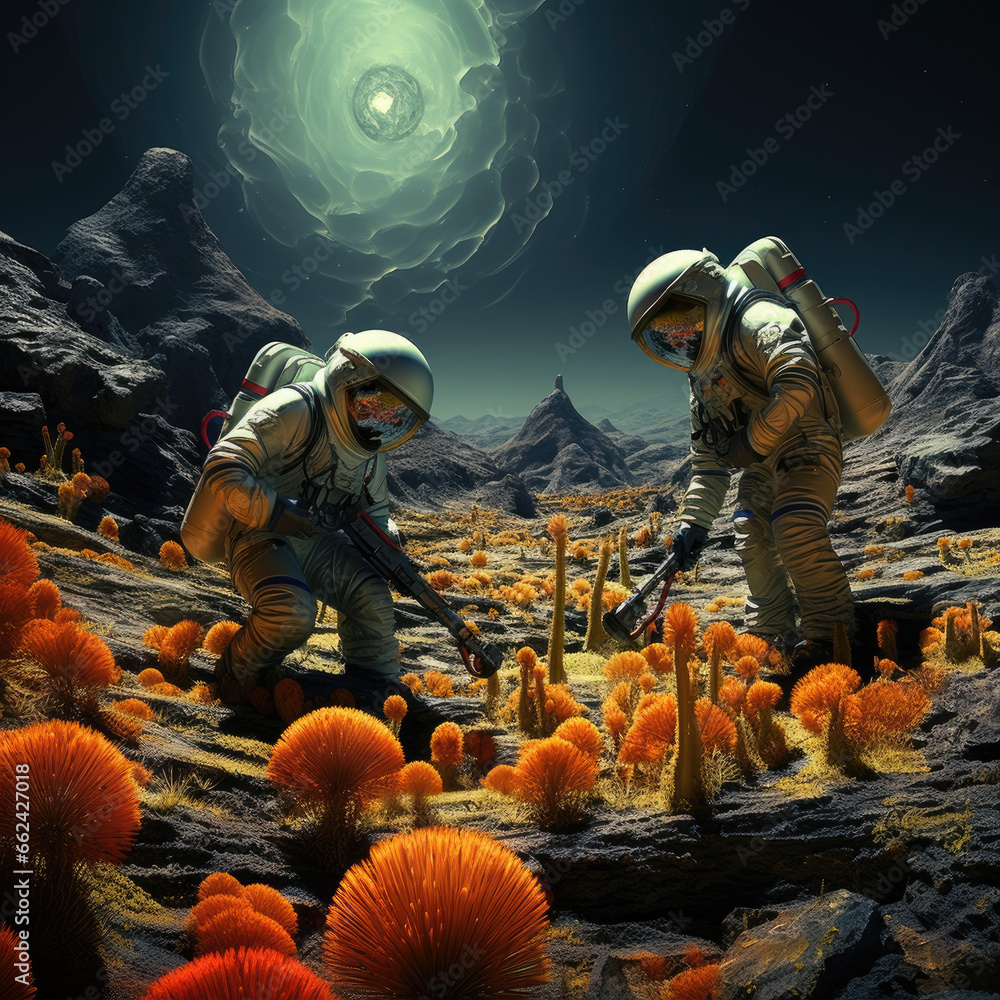 Astronauts exploring an alien landscape with strange flora Astronauts exploring an alien landscape with strange flora