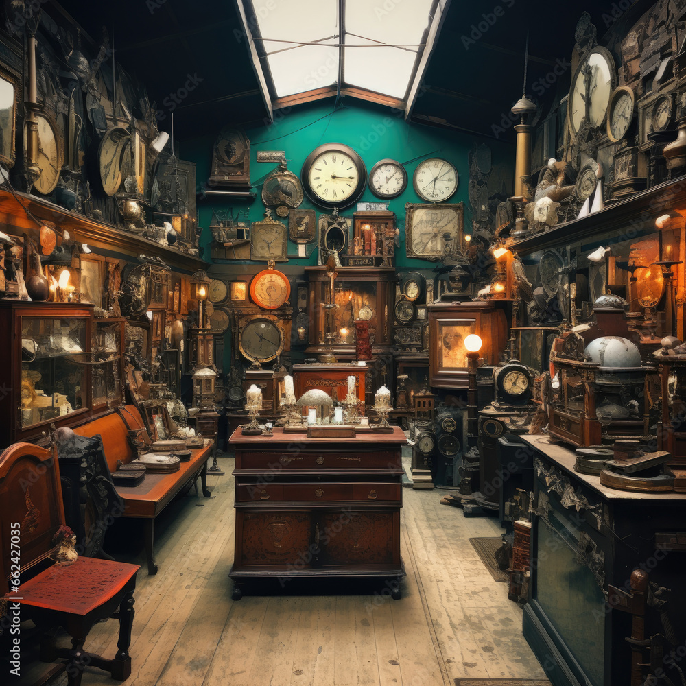 Enormous antiques emporium with curios from different eras - obrazy, fototapety, plakaty 