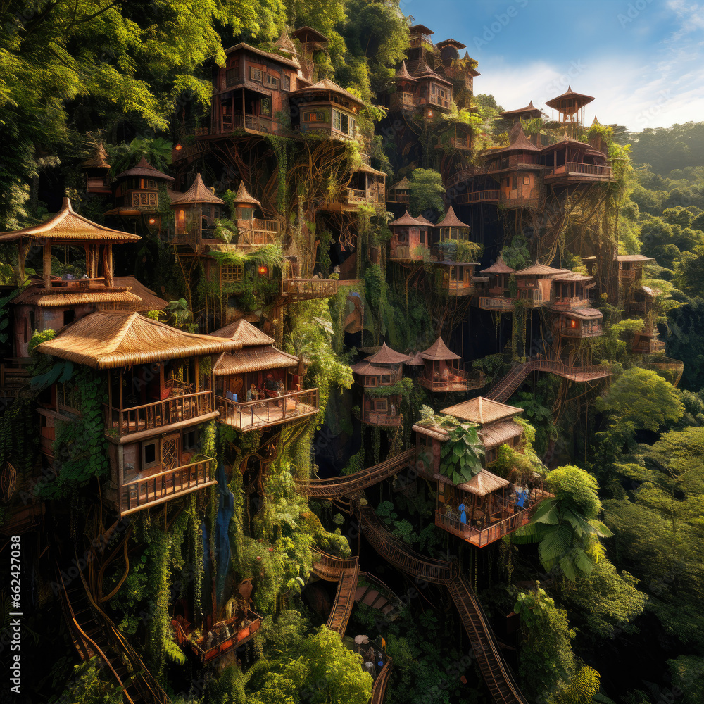 Fototapeta premium Enormous treehouse village in a lush rainforest canopy