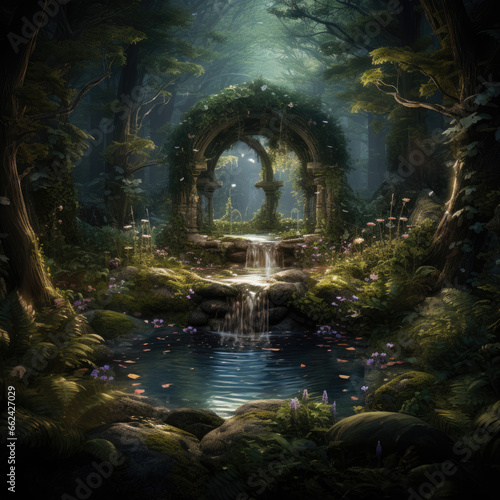 Enchanted well in a forest clearing granting wishes
