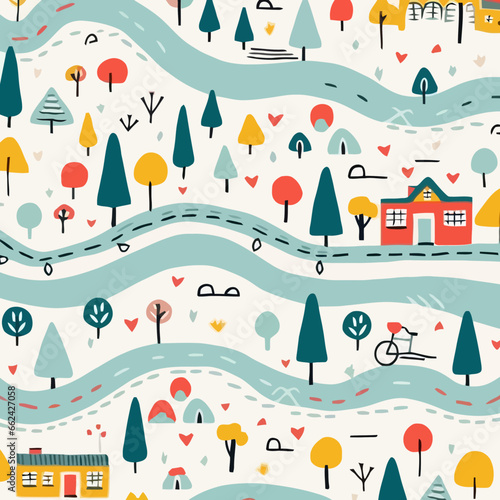Cyclist on a Narrow Road quirky doodle pattern, background, cartoon, vector, whimsical Illustration