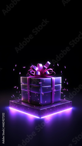 gift box 3d Futuristic neon lights with ribbon and bow