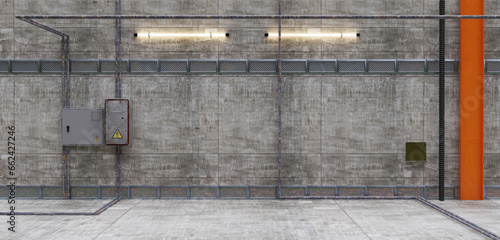 inside industrial building industrial background Building with electrical wiring and water pipes Industrial factory background warehouse scene machinery 3D illustration