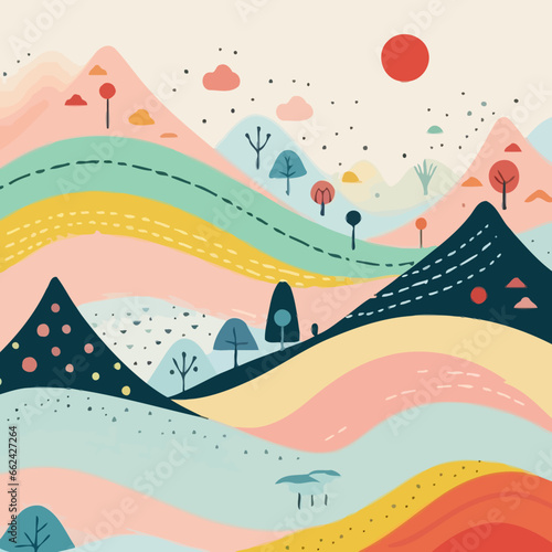 Hill running quirky doodle pattern, background, cartoon, vector, whimsical Illustration
