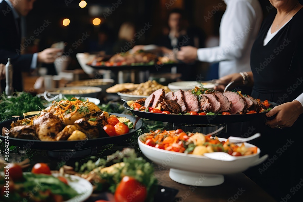 Group Of People Catering Buffet Food Indoors In Restaurant, Featuring Variety Of Meats, Colorful Fruits, And Vegetables