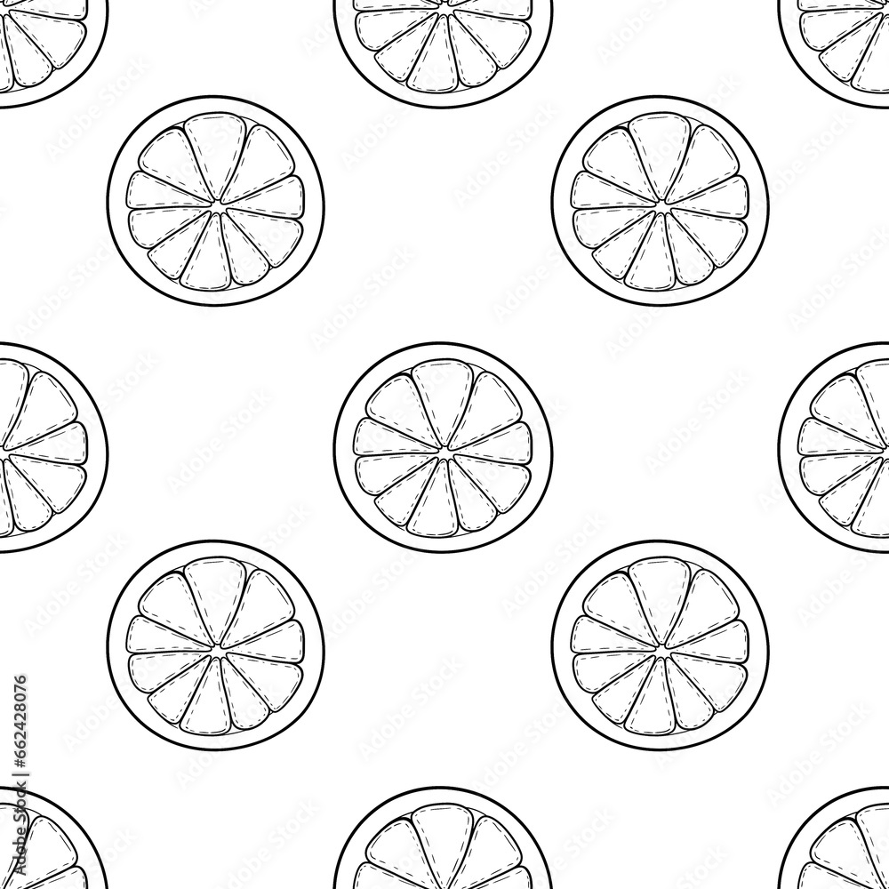 Seamless black and white pattern with a doodle lemon
