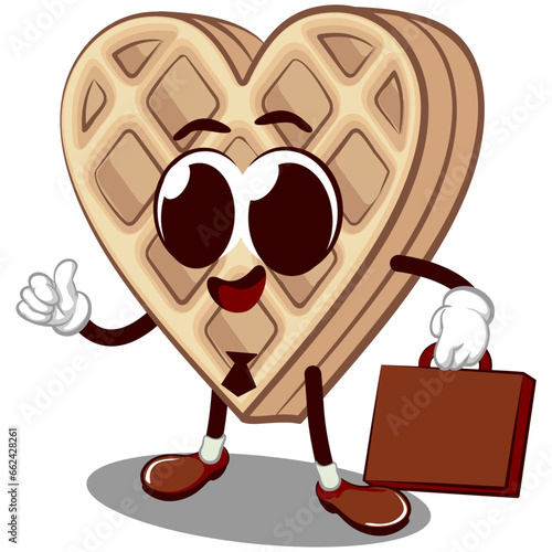 vector mascot character from a heart-shaped waffle cake going to work to the office carrying a suitcase and wearing a tie while giving a thumbs up