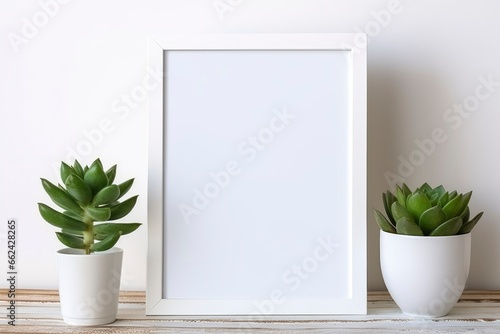 White frames on a shelf with a plant. Scandi style. photo
