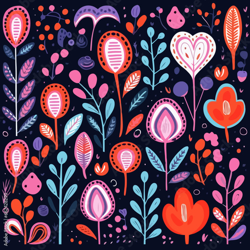 Romantic quirky doodle pattern, background, cartoon, vector, whimsical Illustration
