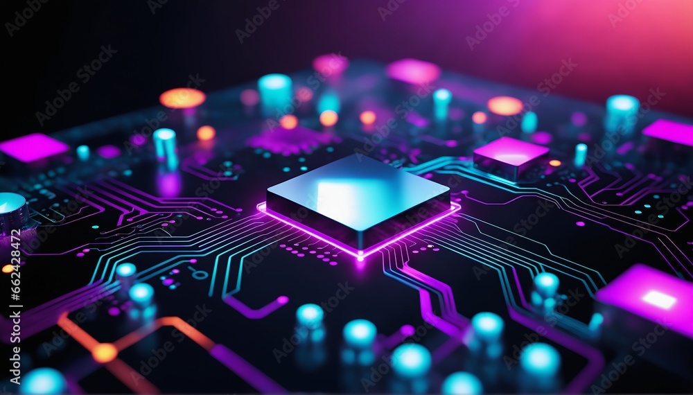 A colorful abstract technology background. Circuit board-like patterns. Geometric shapes 