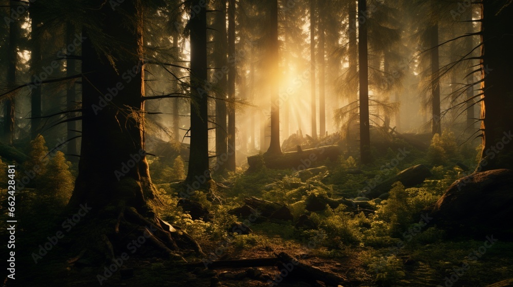 A dense, mystical forest with moss-covered trees and a warm, golden sunset filtering through the foliage.