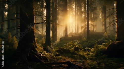 A dense, mystical forest with moss-covered trees and a warm, golden sunset filtering through the foliage.