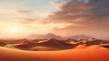 A desert landscape with sand dunes that seem to glow in the warm light of the setting sun. The sky is a canvas of vibrant reds and oranges.