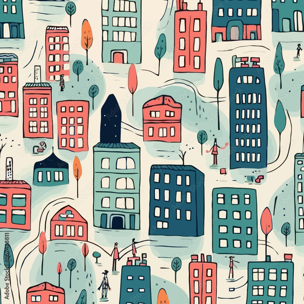 City running quirky doodle pattern, background, cartoon, vector, whimsical Illustration