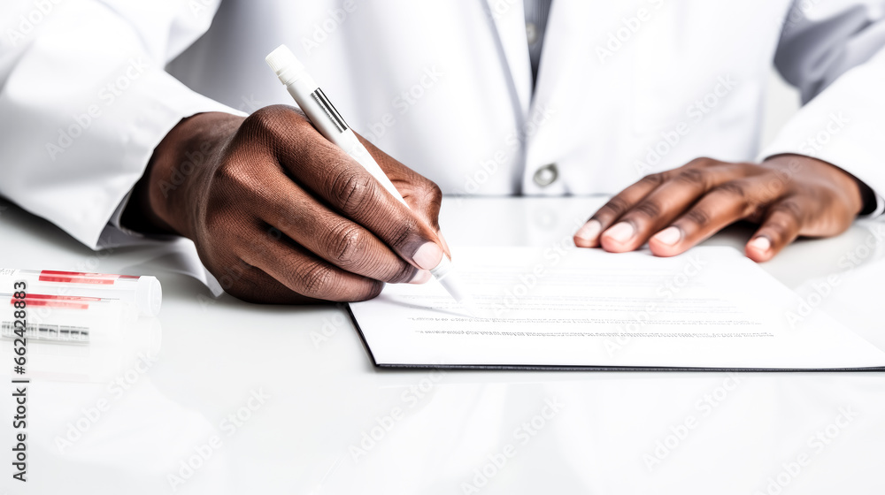 A hand holds a prescription pad on a desk in a professional setting. A hand holds a prescription pad on a desk in a professional setting.