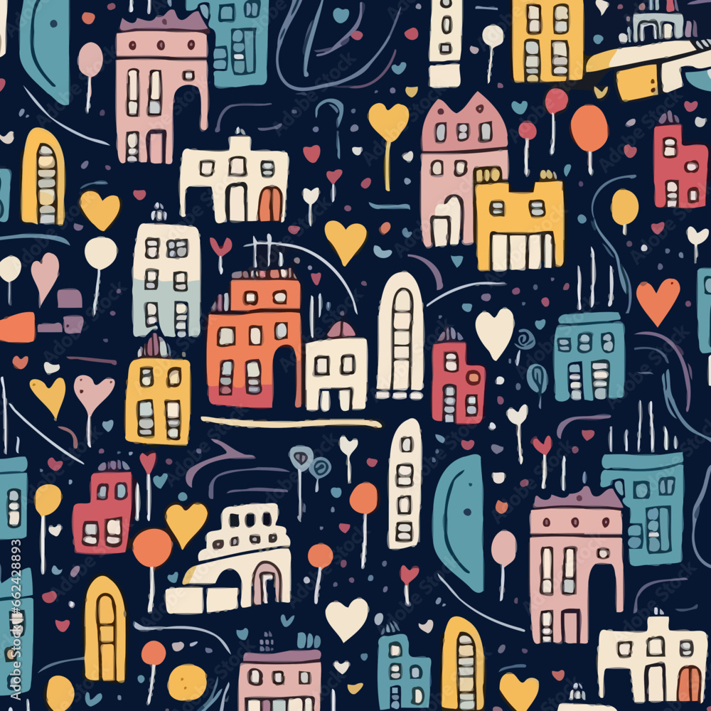 Fototapeta City running quirky doodle pattern, background, cartoon, vector, whimsical Illustration