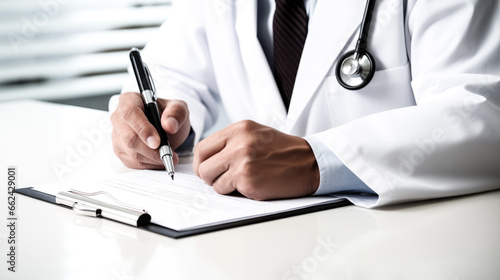 A doctor carefully writes a prescription on a prescription pad, surrounded by medical equipment and paperwork.