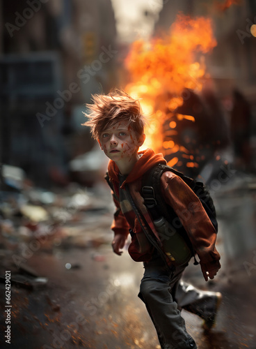 A startled young boy with wind-blown blonde hair and blood splatters on his face runs in an urban setting, with a blazing fire behind him
