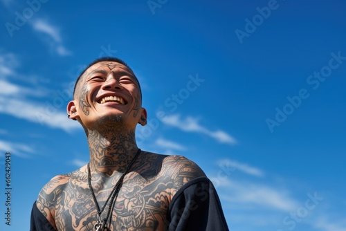 Young Asian man with neck and face tattoos smiling having hope