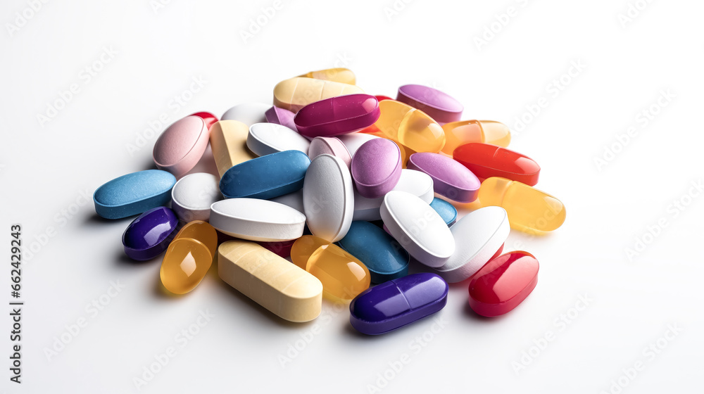 A pile of colorful prescription pills in different shapes scattered across a surface is the focus of the image. A pile of colorful prescription pills in different shapes scattered across a surface is the focus of the image.