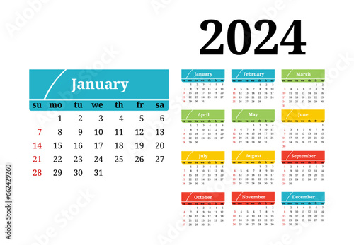 Calendar for 2024 isolated on a white background