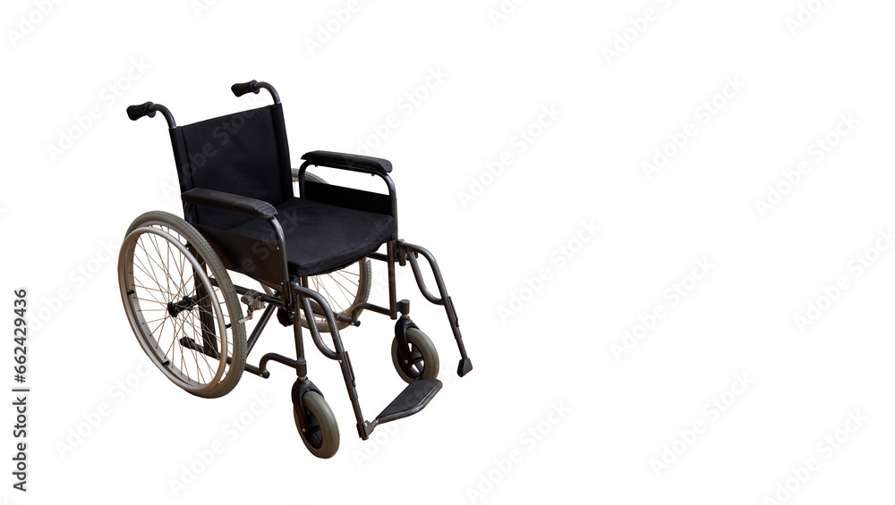 Empty wheelchair in black with large wheels and manual controls on isolated on white background. Nobody. Medical equipment rental. Copy space. Disabled mobility. Banner