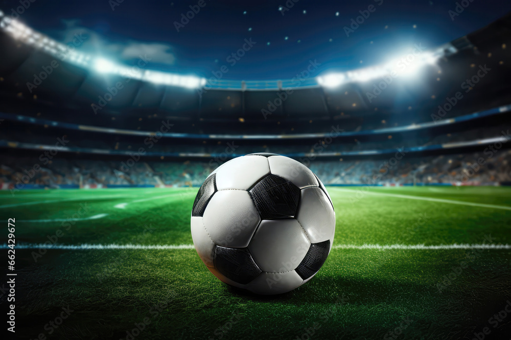 Fototapeta premium Soccer Ball On Stadium Field, Creating Football Poster