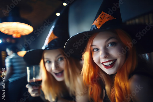 Two young women in witch hats at Halloween party in a bar looking at camera smiling, generative AI