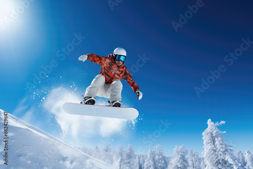 Snowboarder Jumping Against Blue Sky photo