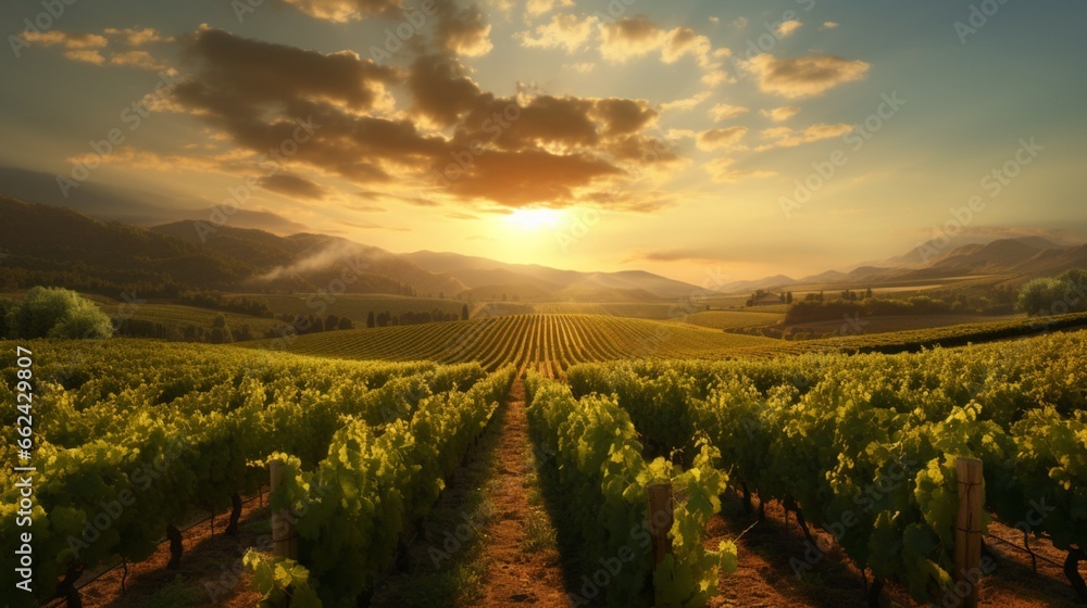 A picturesque vineyard with rows of grapevines, as the sun sets, casting a warm, golden light over the landscape, creating a scene of rustic beauty.