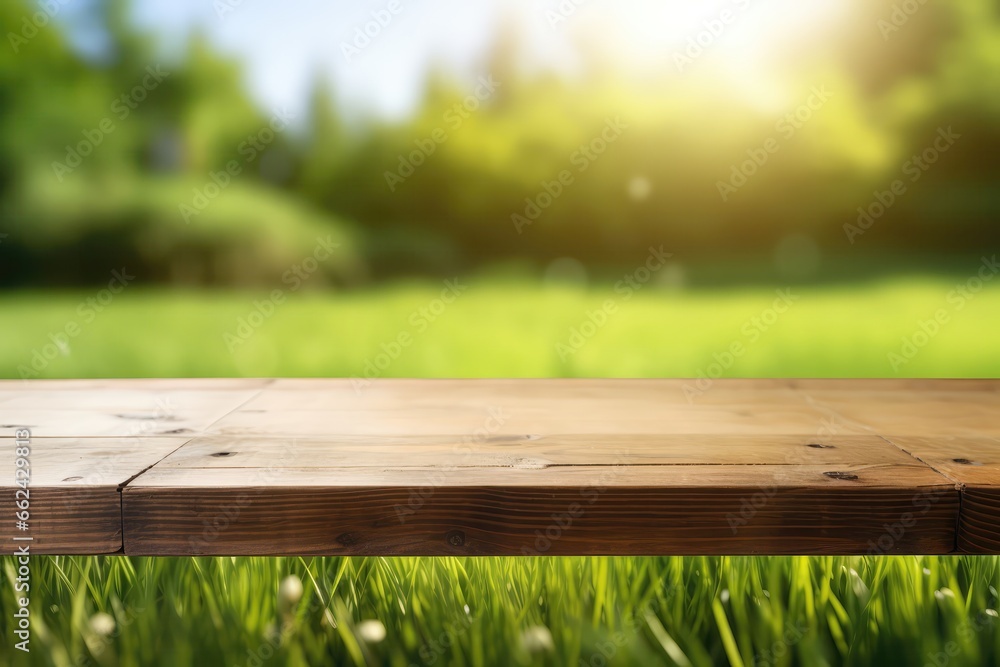 Spring Natural Background Featuring Green, Fresh, And Juicy Young Grass And Empty Wooden Table In Outdoor Morning Setting, Enhanced By Bokeh And Sunlight Spring Natural Background Featuring Green, Fresh, And Juicy Young Grass And Empty Wooden Table In Outdoor Morning Setting, Enhanced By Bokeh And Sunlight