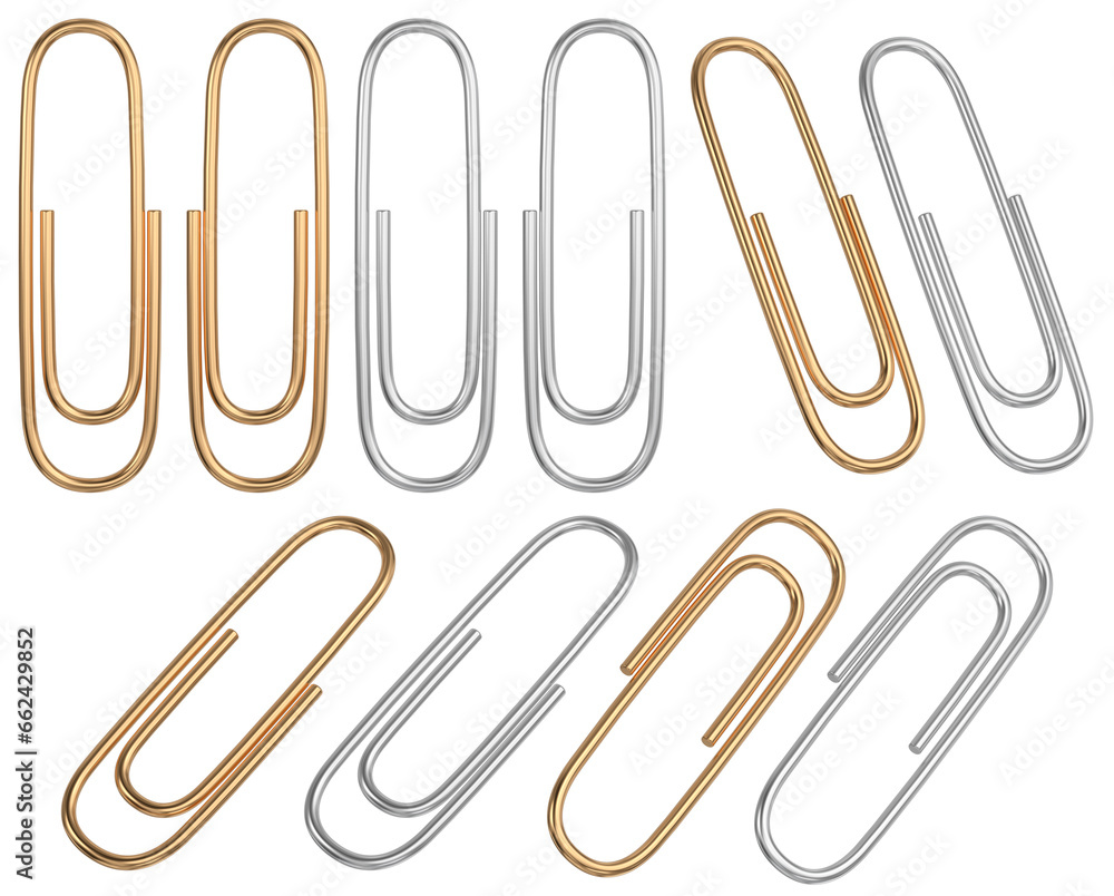 Realistic metal paper clips set in different positions. Isolated golden and steel clips. 3D rendering. Realistic metal paper clips set in different positions. Isolated golden and steel clips. 3D rendering.
