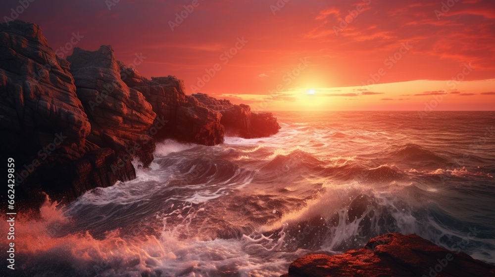 A coastal cliff, with the ocean waves crashing against the rocks, as the sun paints the sky with vibrant shades of orange and pink.