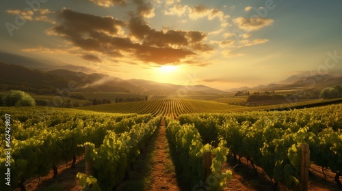 A picturesque vineyard with rows of grapevines  as the sun sets  casting a warm  golden light over the landscape  creating a scene of rustic beauty.