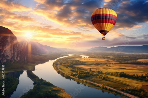 Sunsetlit Hot Air Balloon Floats Above Scenic Landscape With Natural Wonders