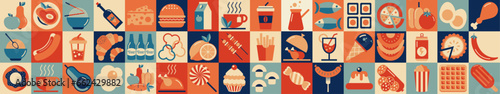 Set of 48 colorful icons related to food and drinks. Abstract food and drink geometric pattern. Mosaic style. Collection of food icons. Vector illustration