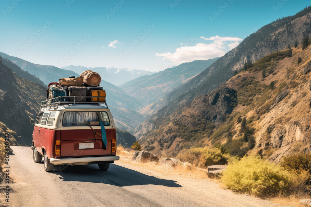 Van Navigates Winding Mountain Roads, Its Roof Loaded With Luggage And Backpacks, Under The Bright Sun During Vacation Getaway
